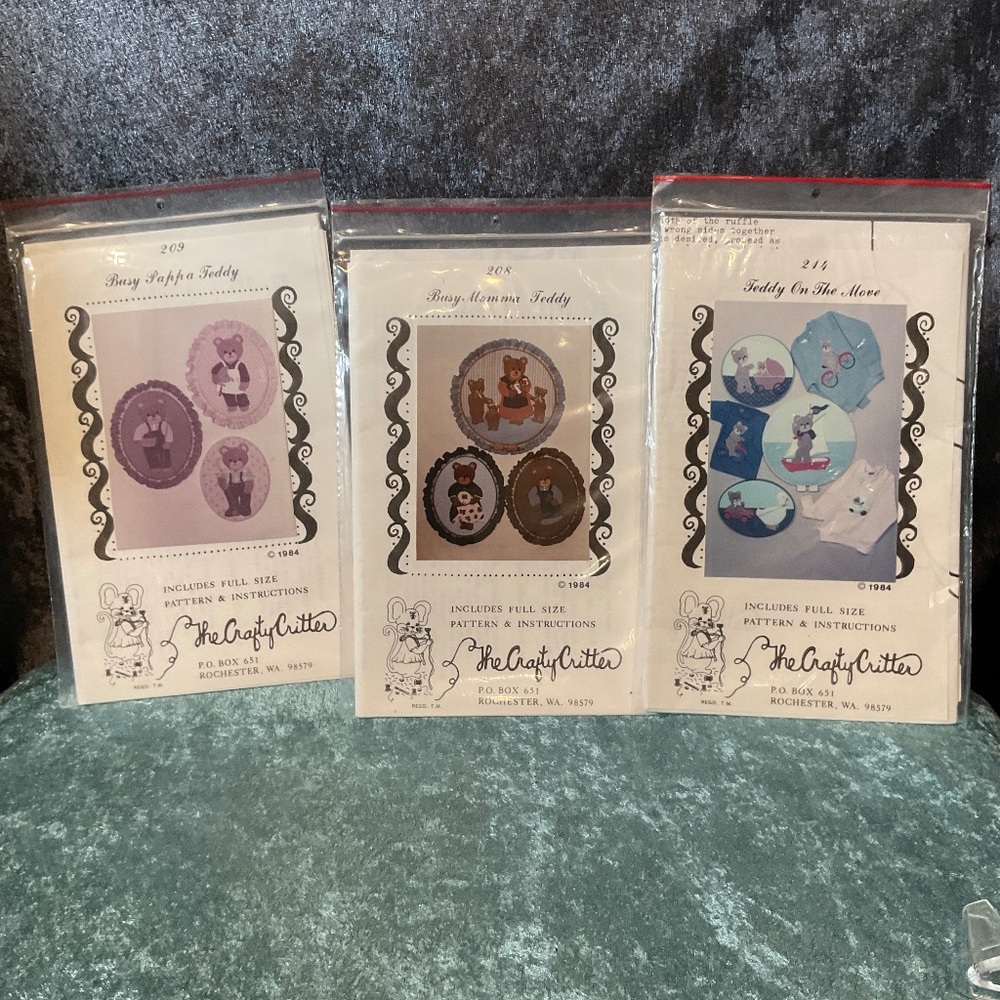 Set of 3 Vintage Teddy Bear Crafty Critter Sewing Patterns 1984